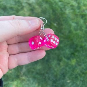 Pink Resin Dice Earrings with Silver Accents